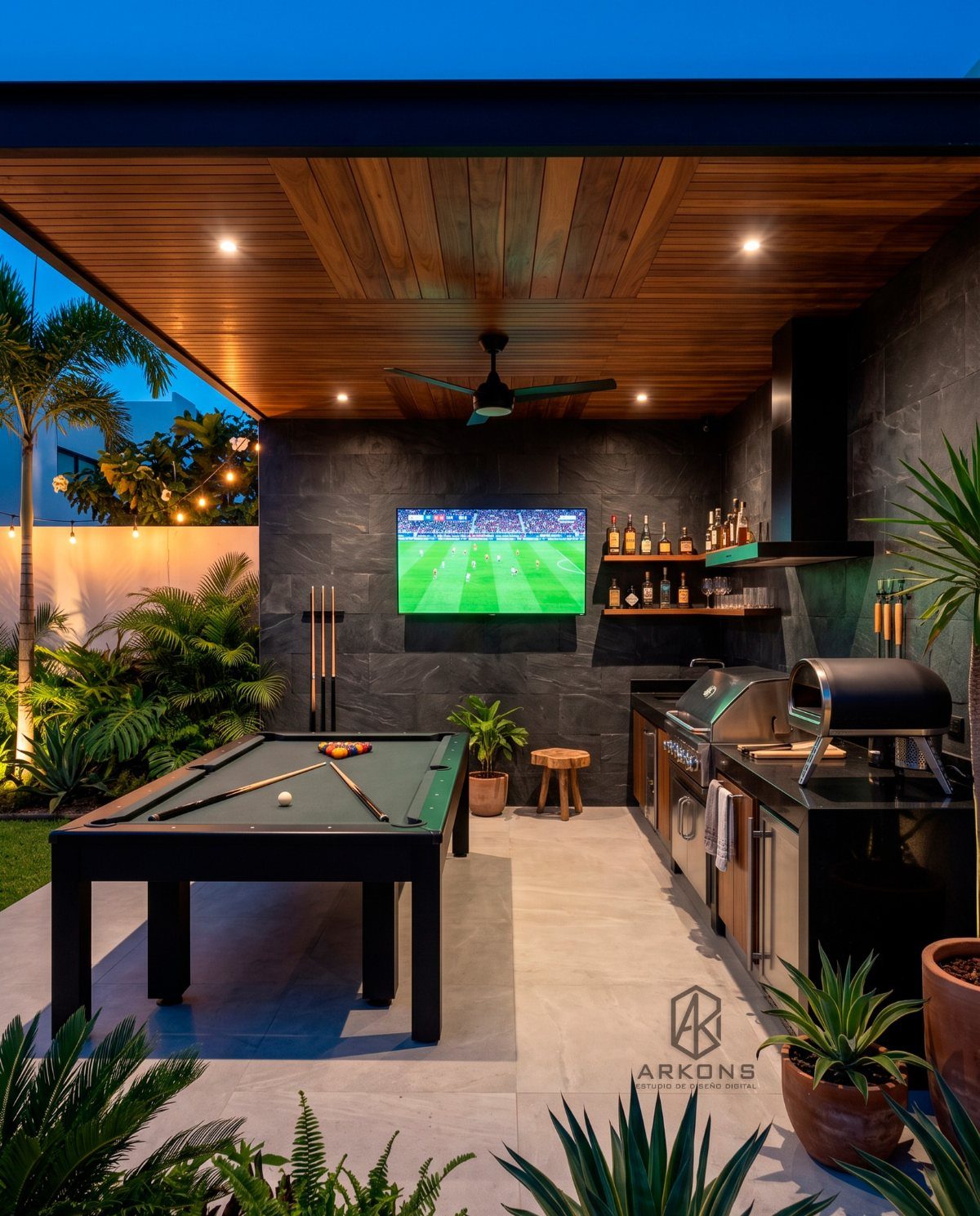 A modern outdoor patio with a pool table, built-in grill, and television under a wooden ceiling.