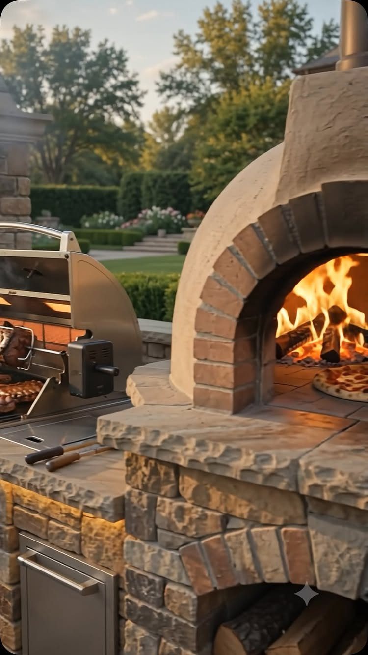 A stone outdoor kitchen featuring a built-in gas grill and a wood-fired pizza oven.