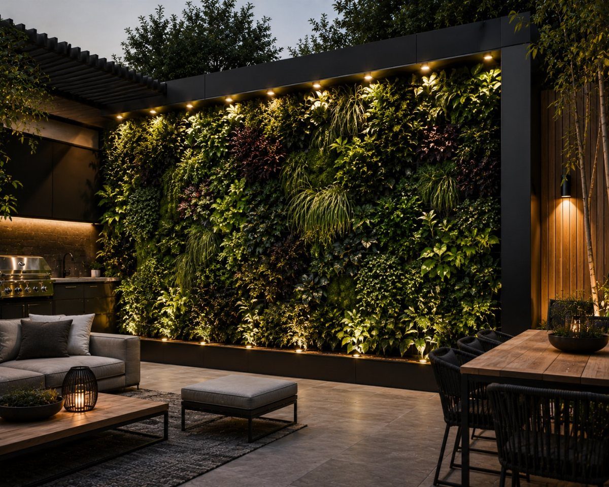 A large vertical garden wall with various green plants illuminated by spotlights on a patio.