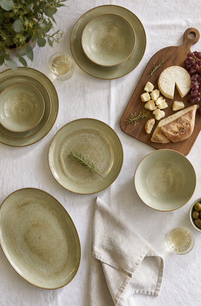 A 36-piece ceramic dinnerware set arranged on a table.