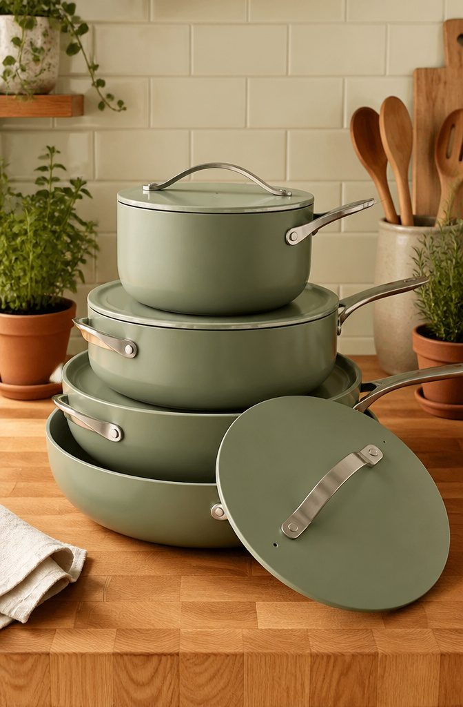 A 12-piece non-stick ceramic cookware set displayed on a kitchen counter.