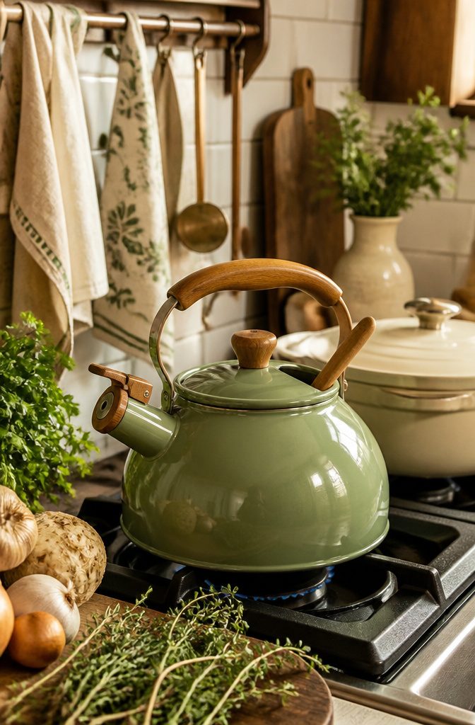 An enameled stovetop kettle in sage green on a back burner.