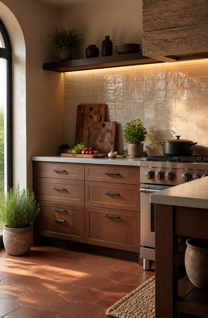 A set of wooden edge grain cutting boards leaning against a backsplash.