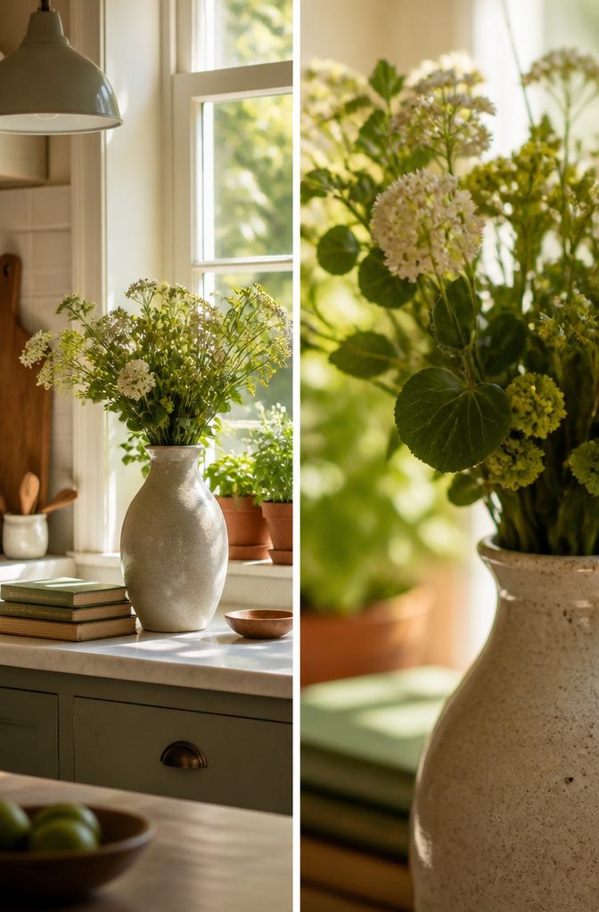 A ceramic vase with fresh flowers placed on a kitchen countertop.