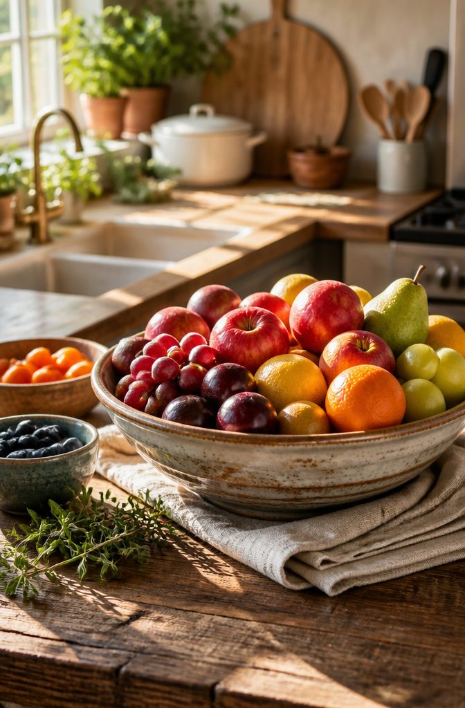 A ceramic fruit bowl filled with various fruits on a kitchen counter.