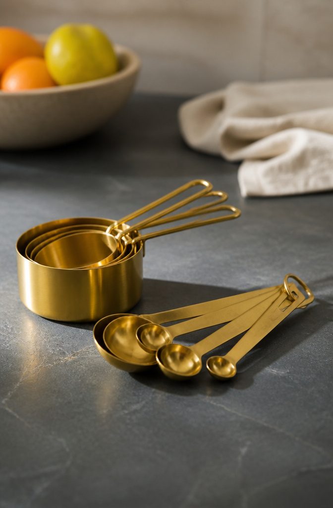 A matching set of gold stainless steel measuring cups and spoons.