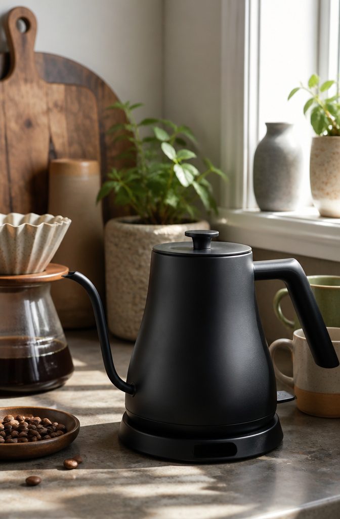 A 0.9L gooseneck electric kettle on a kitchen countertop.