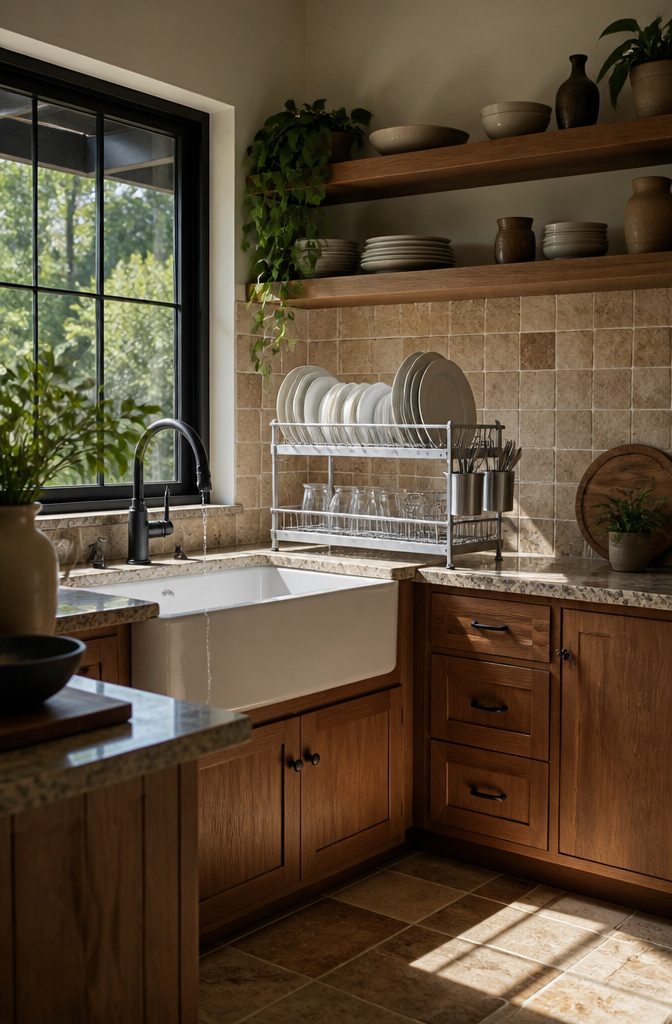 An adjustable stainless steel dish rack with three tiers on a counter.