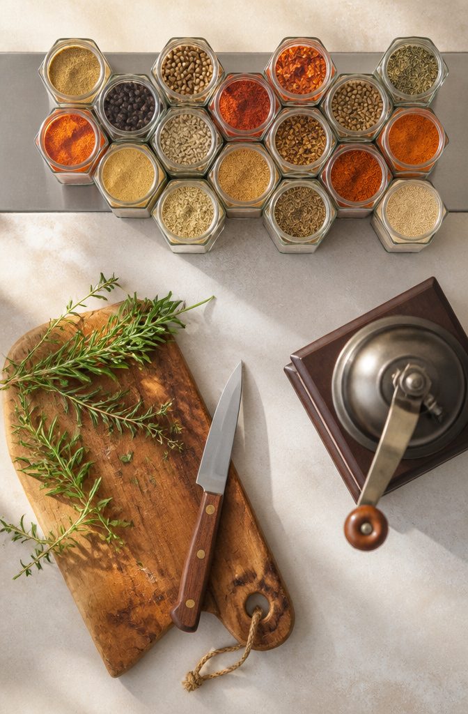 A set of hexagon glass spice jars arranged on a magnetic strip.
