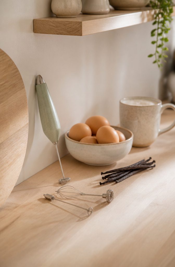A granite green milk frother wand next to eggs and vanilla pods.