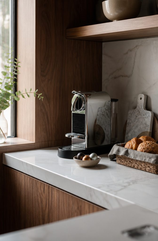 A chrome Nespresso coffee and espresso maker on a kitchen counter.