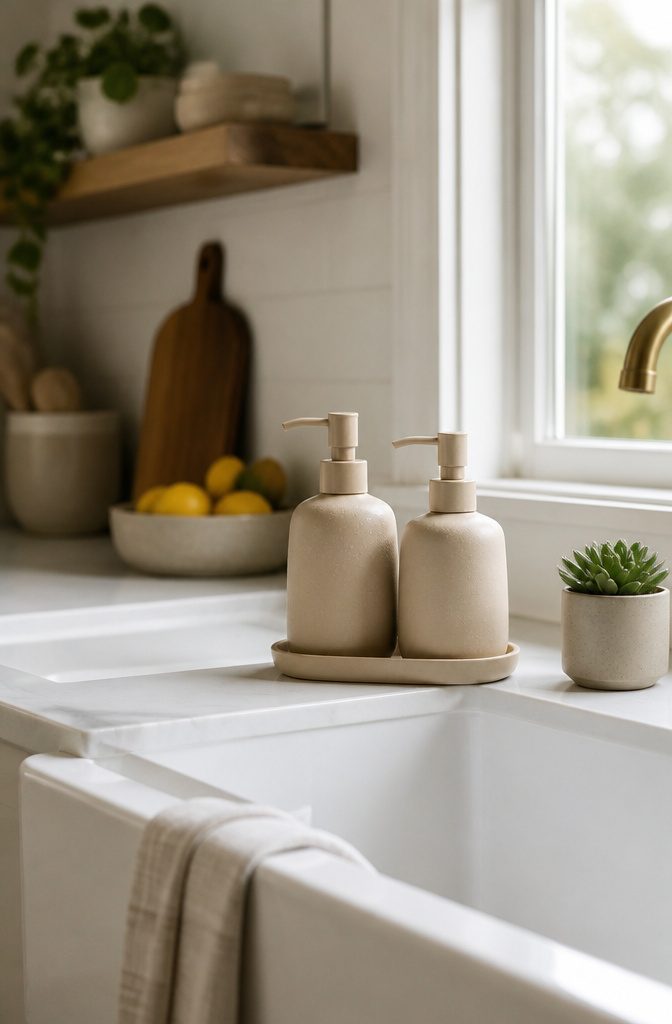A pair of matte ceramic soap dispensers on a kitchen sink.