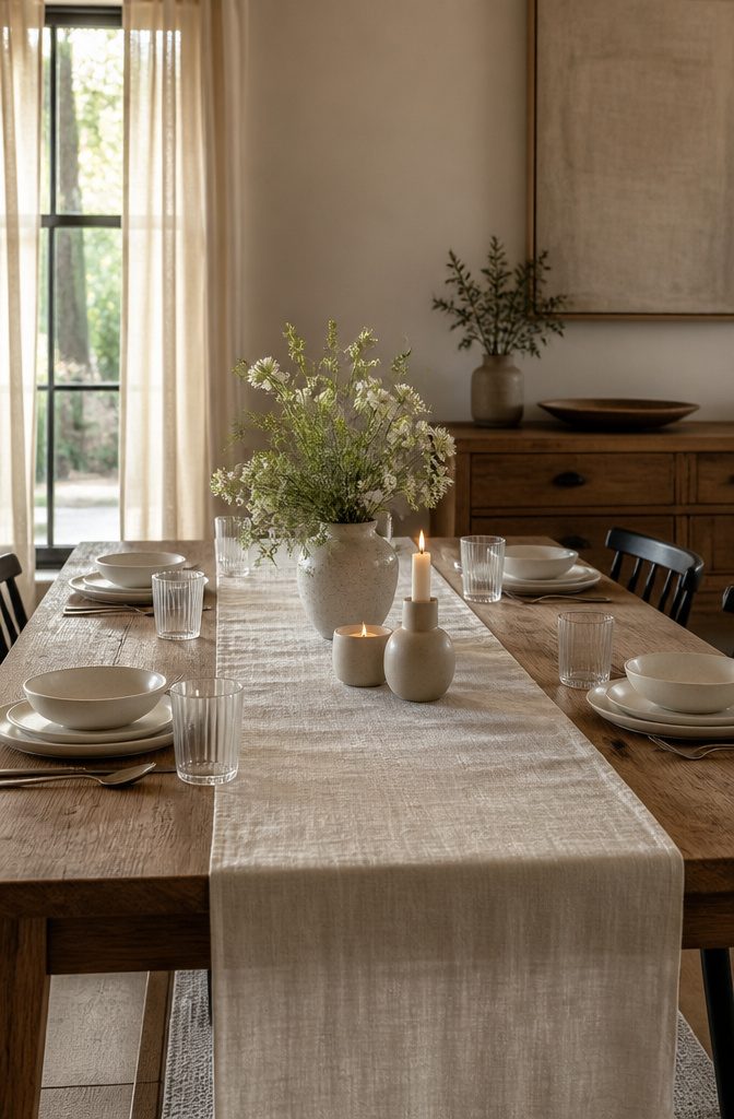 A linen table runner draped across a rustic oak dining table.