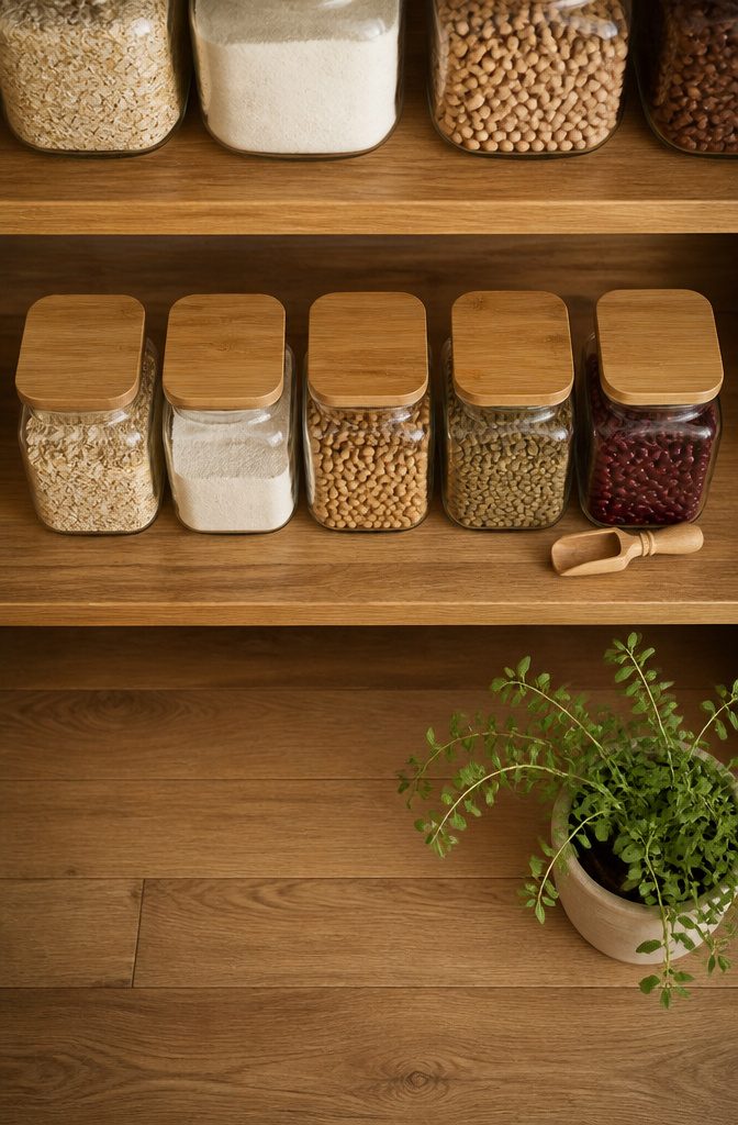 A set of square glass jars with bamboo lids lined up on a shelf.