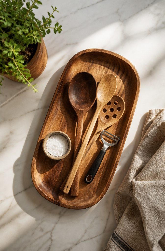 A tray holding various kitchen tools on a countertop.