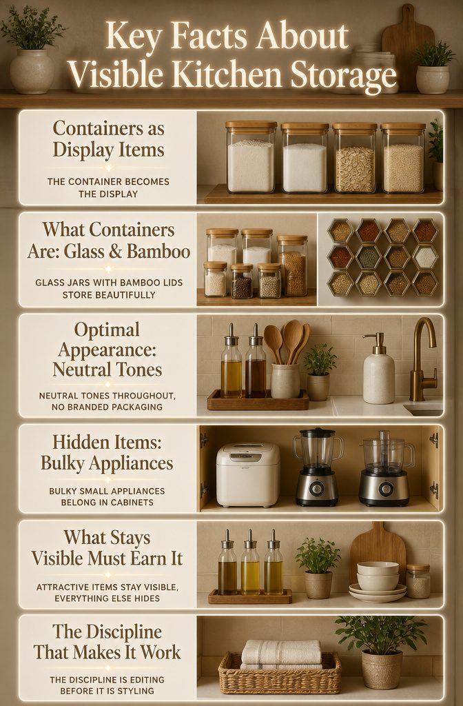 Glass jars and spice containers arranged in an organized pantry.