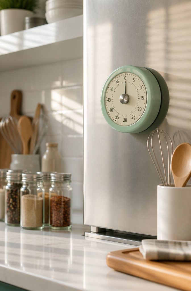 A mint-colored mechanical kitchen timer attached to a stove hood.