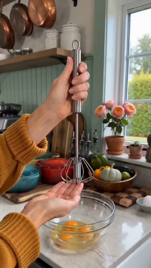 A person holds a stainless steel rotary whisk over a glass bowl of raw eggs.