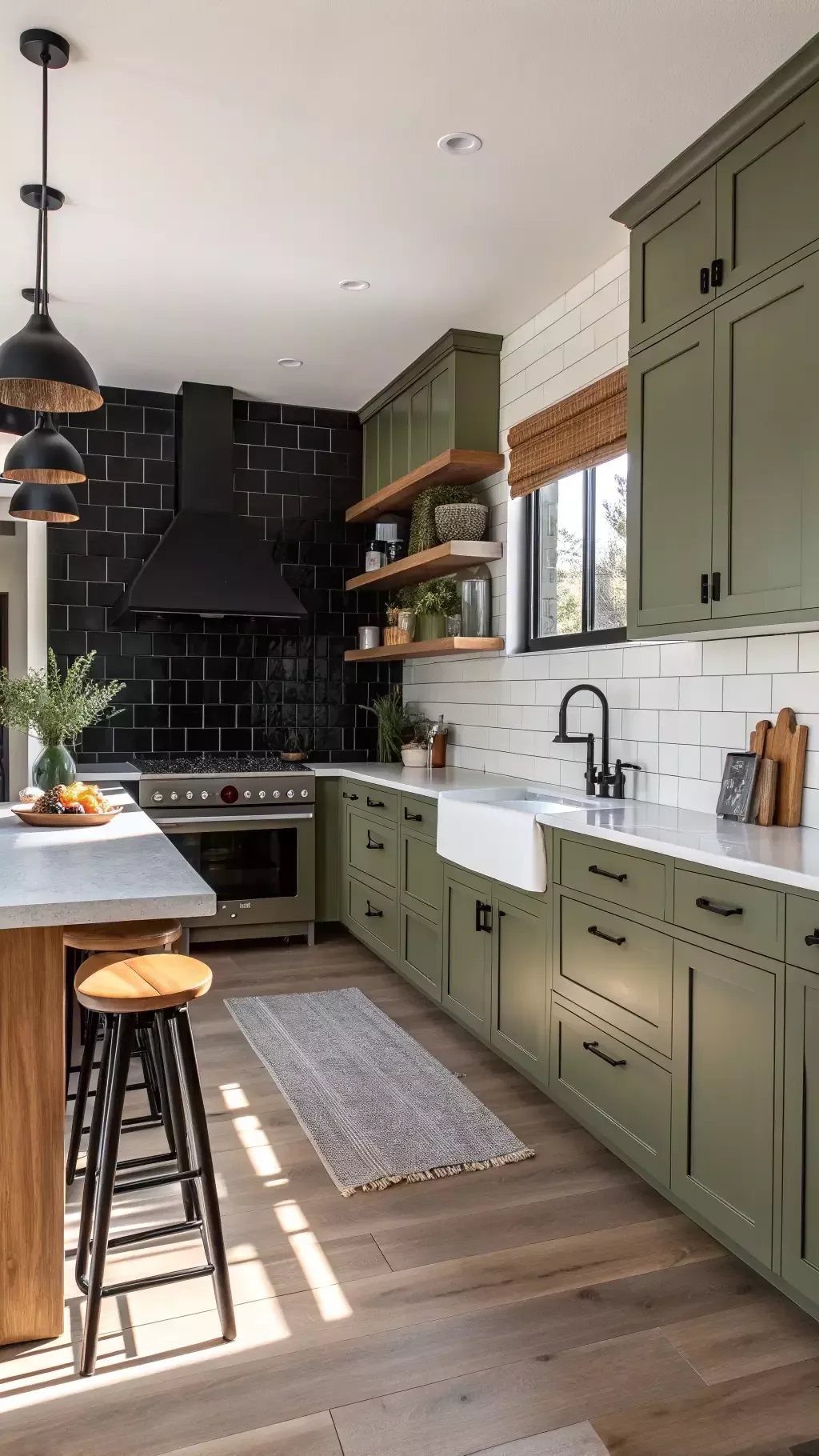 Olive green kitchen cabinets with matte black faucet, range hood, and pendant lighting.