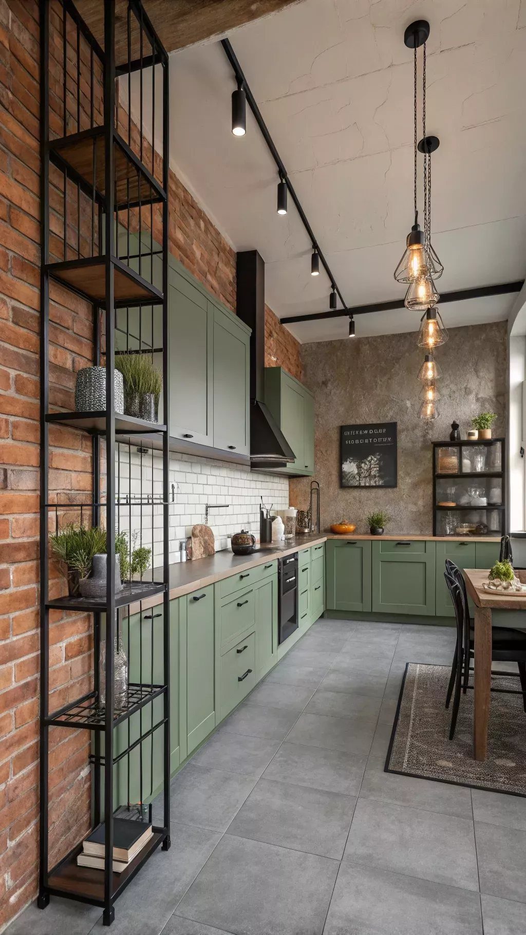 Olive green kitchen cabinets with white subway tile backsplash and wooden countertops against a brick wall.