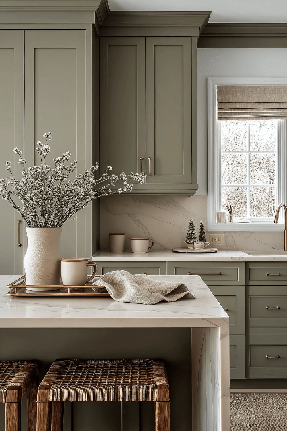 Olive green kitchen cabinets with white marble countertops and a vase of dried flowers.
