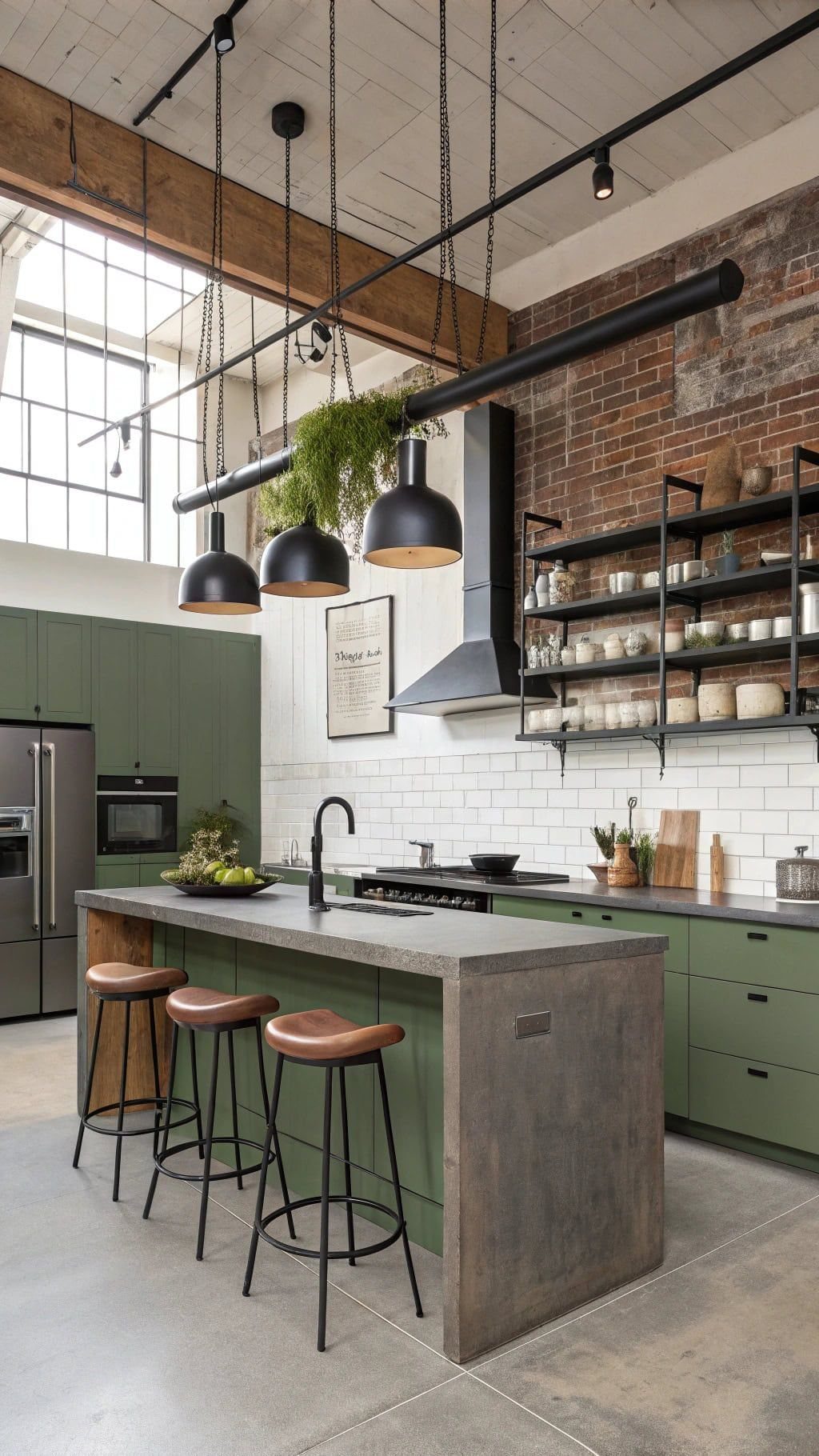Olive green kitchen cabinets with a concrete island and grey concrete flooring in an industrial setting.