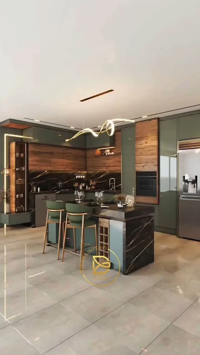 Modern olive green kitchen with marble countertops, wood accents, and gold bar stools.