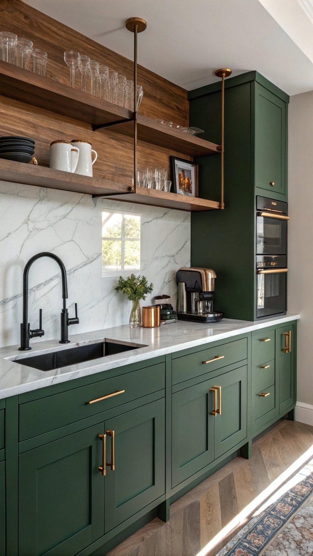 Olive green kitchen cabinets featuring gold metallic hardware and a white marble countertop with a black faucet.