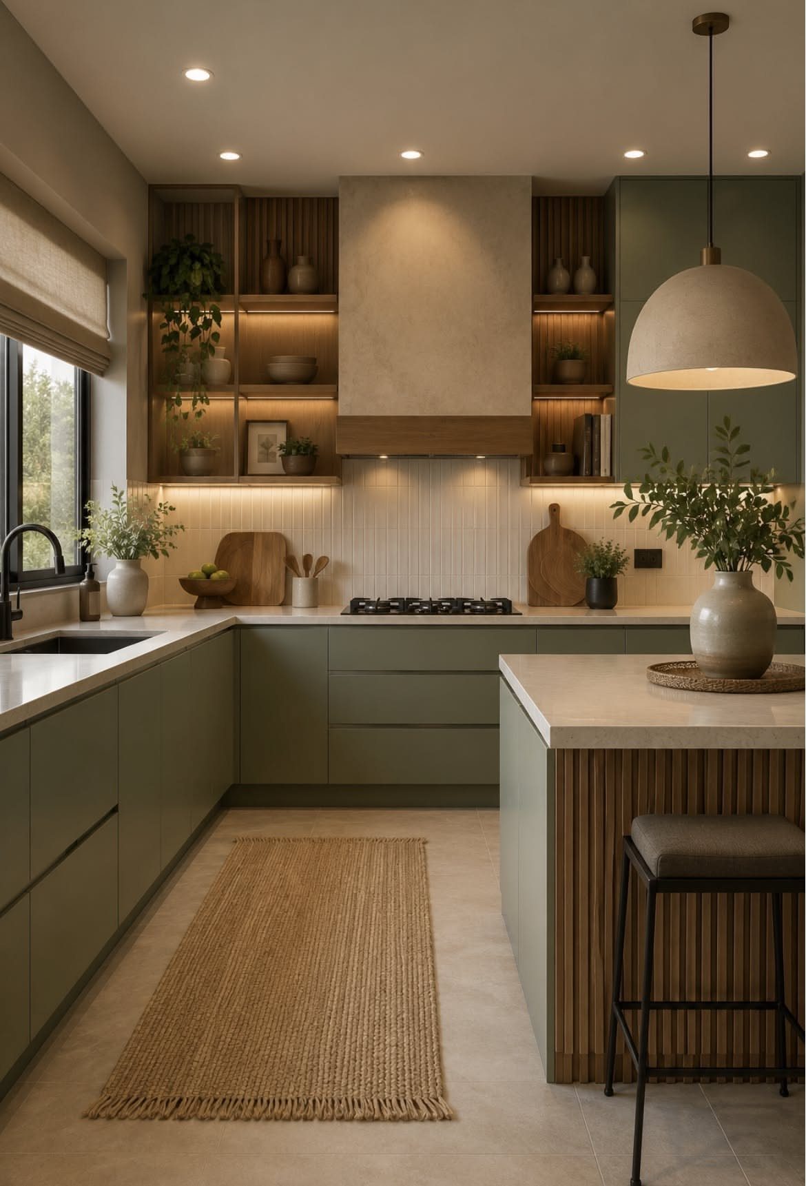Modern kitchen with olive green cabinets, wooden shelves, and a large marble island with a pendant light.