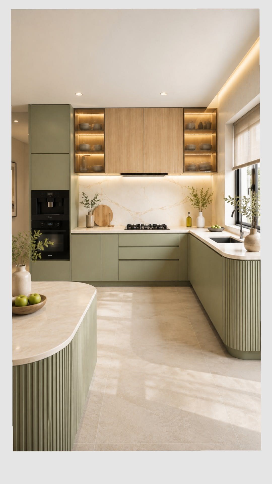 Olive green kitchen cabinets with warm integrated lighting and light wood upper cabinetry.