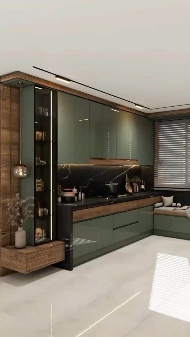 Olive green kitchen cabinets featuring prominent wood accents and a black marble backsplash in a modern setting.