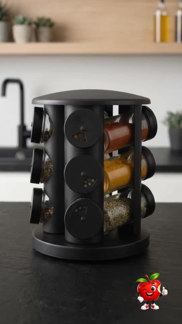 A black rotating spice rack filled with various colorful glass spice jars on a kitchen counter.