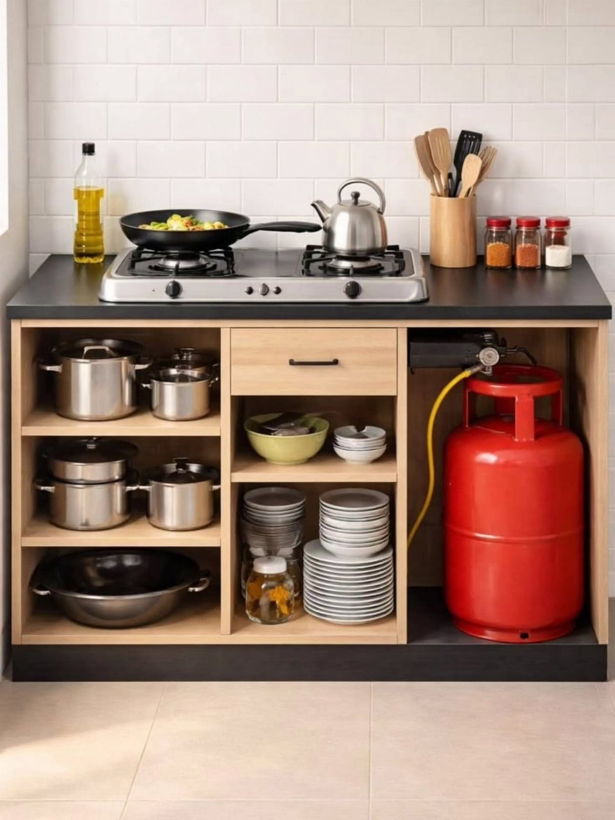 Stainless steel pots and white plates organized on wooden shelves under a kitchen counter.