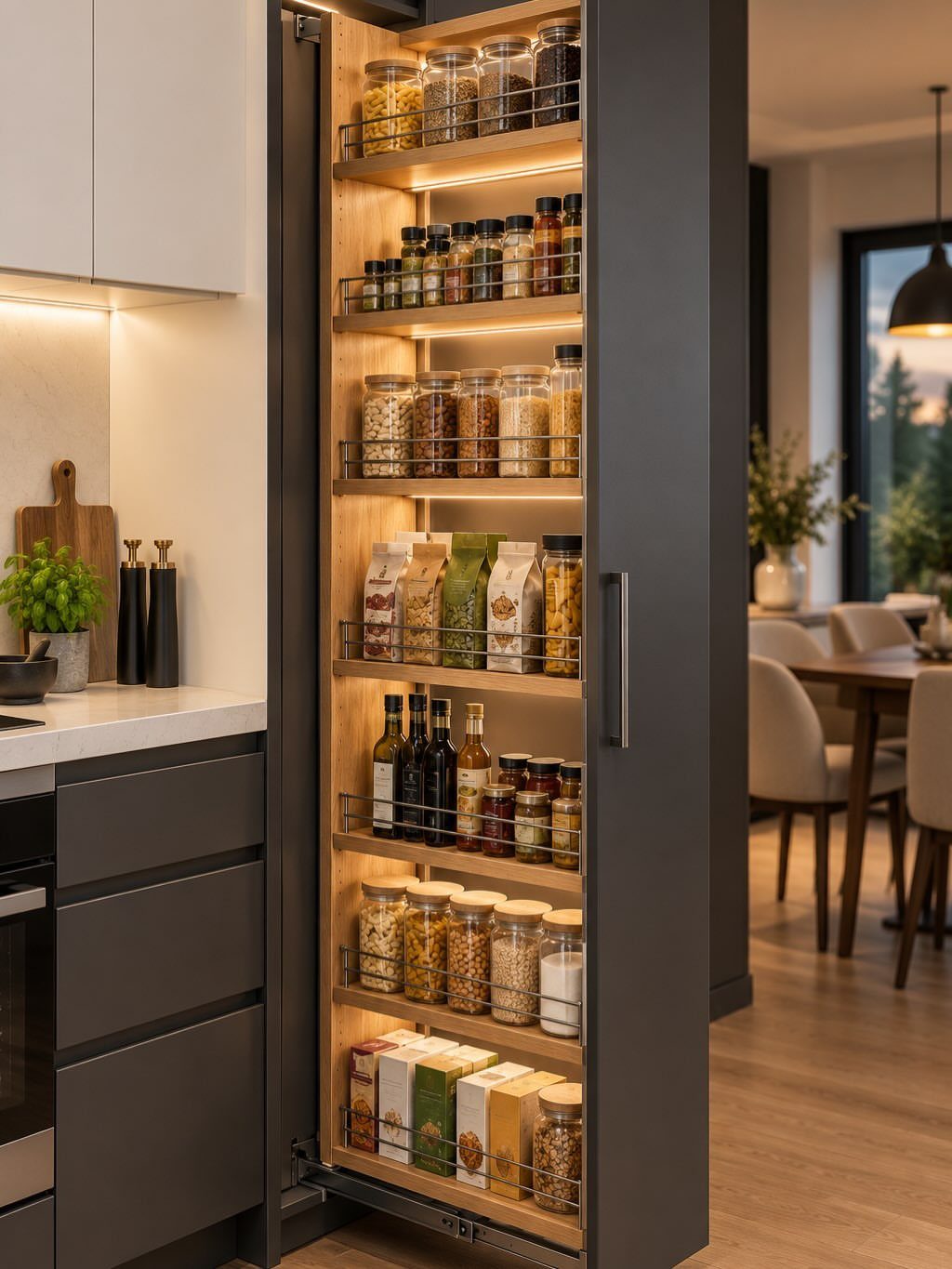 An open tall pantry cabinet filled with organized glass jars and food containers on wooden shelves.