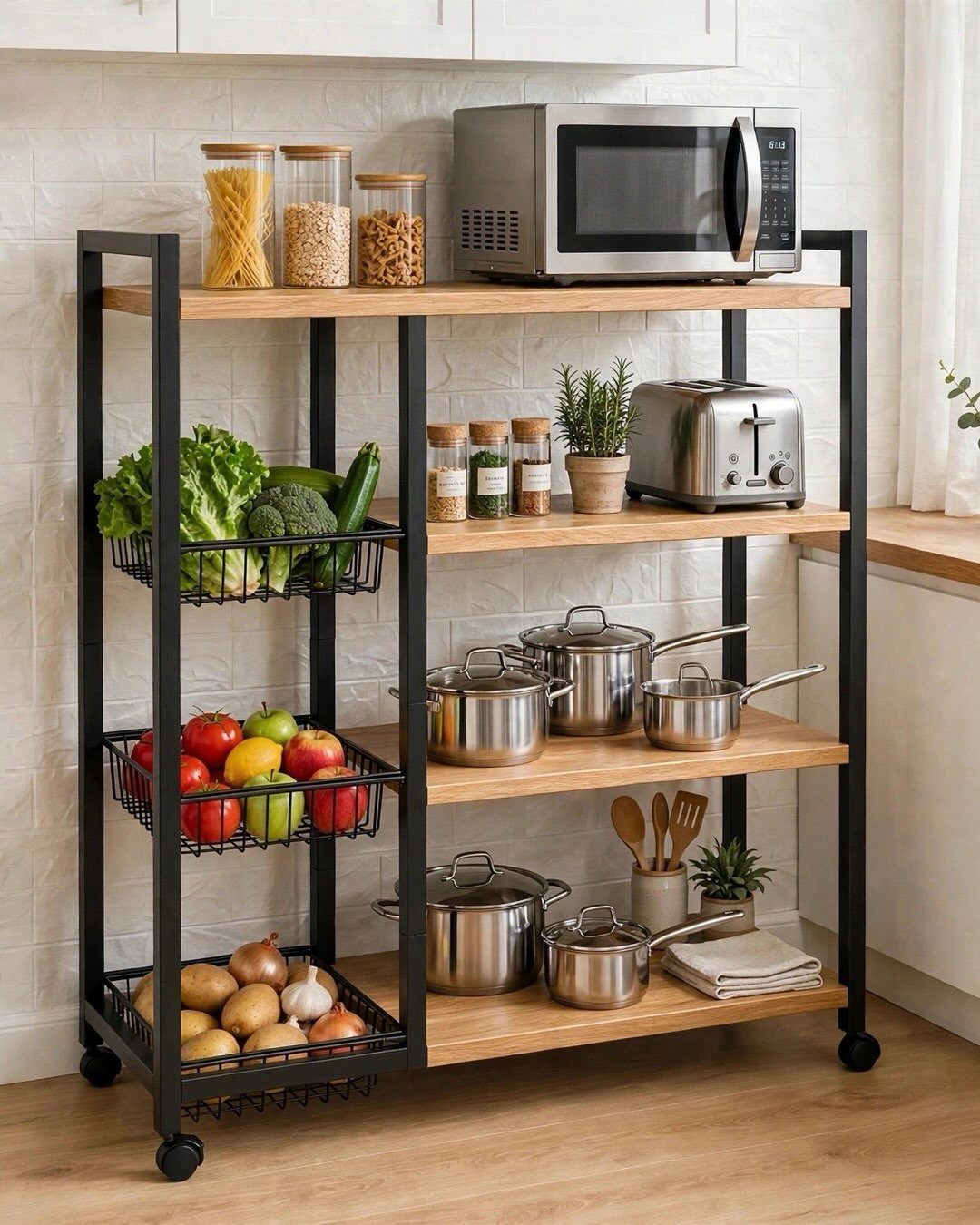A black and wood rolling kitchen cart organized with appliances, cookware, and fresh produce.