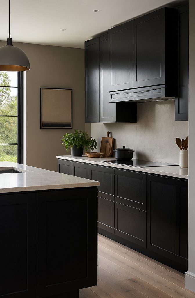 A kitchen showcasing deep black cabinets and light-colored quartz countertops.
