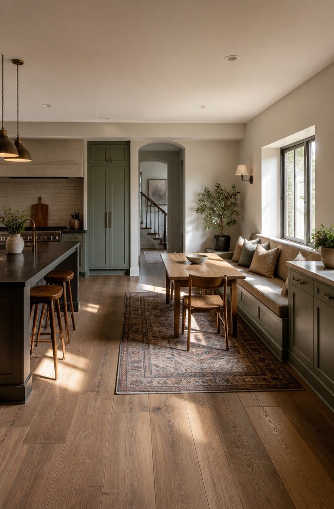 A kitchen with a built-in banquette and a slim table.