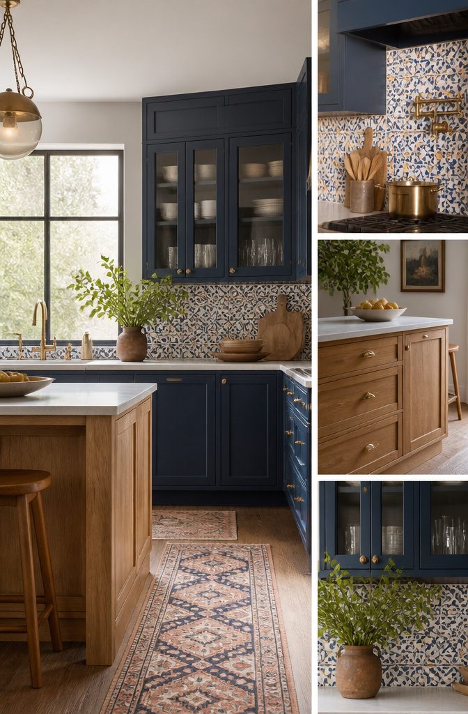 A kitchen with navy cabinets and mixed patterns in decor.