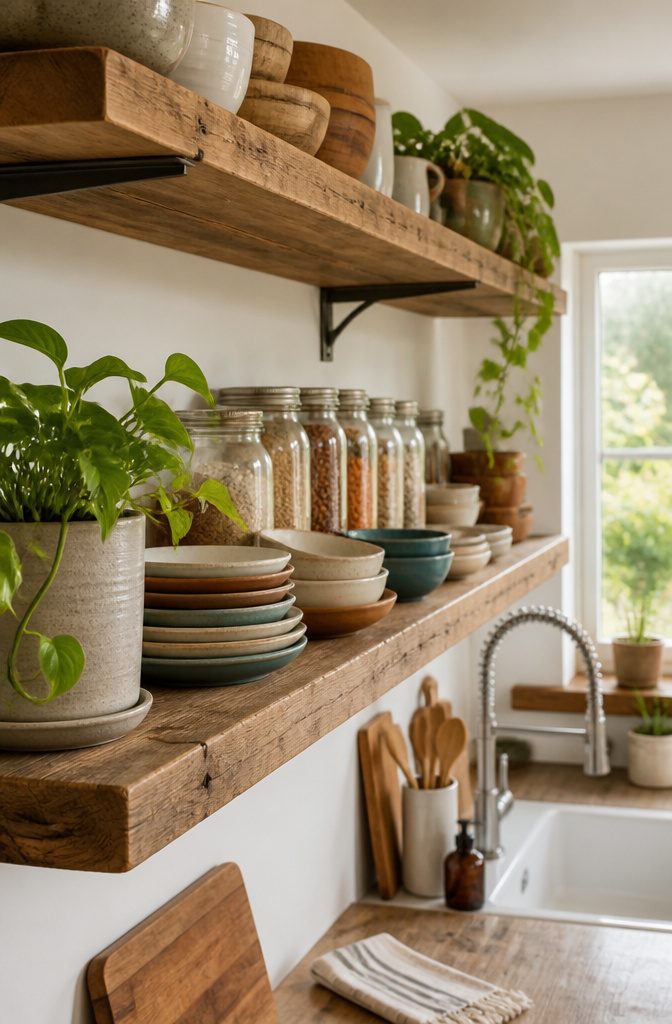 A kitchen featuring wall-mounted open shelving displaying dishes.