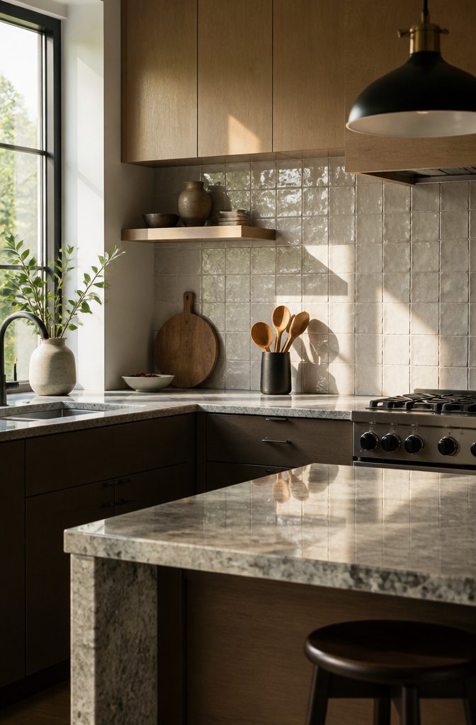 A kitchen showcasing a textured tile backsplash with a granite countertop.