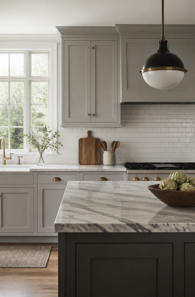A kitchen with Shaker cabinets, subway tile backsplash, and marble countertops.