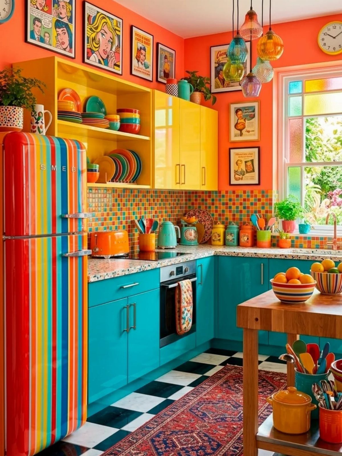 A brightly colored kitchen with orange walls, yellow cabinets, teal lower units, and a rainbow refrigerator.