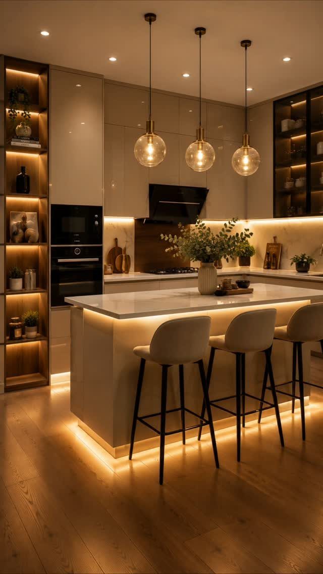 Three glass globe pendant lights hanging over a modern kitchen island with bar stools.