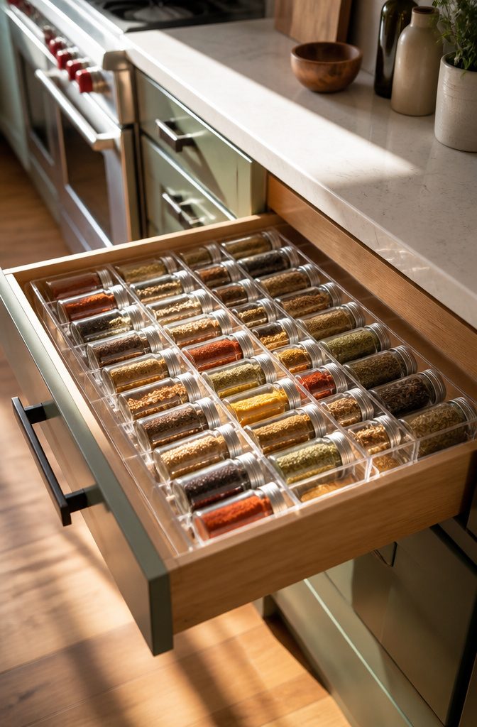 Acrylic spice organizer in a drawer filled with colorful spice jars.