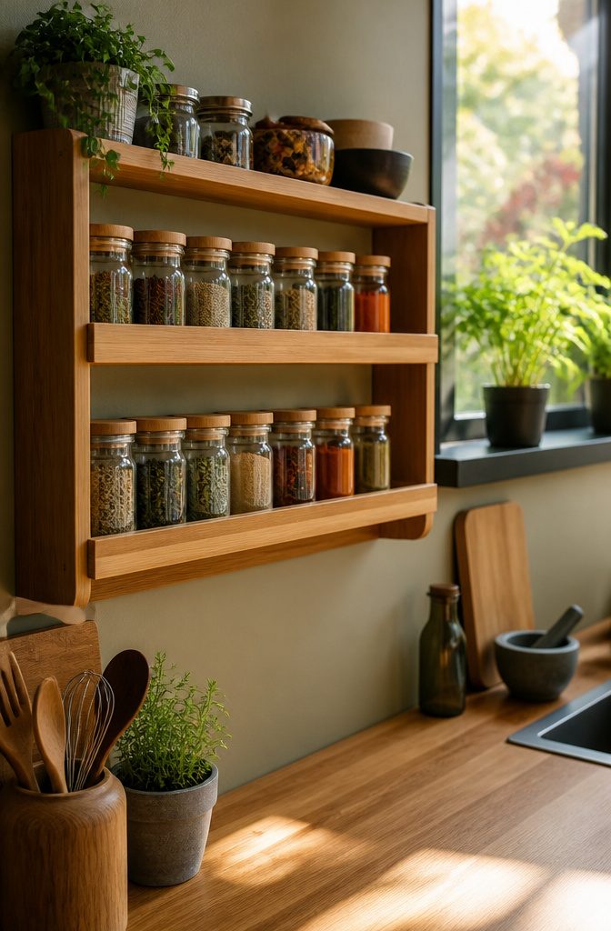 Bamboo spice shelf mounted on a wall with jars of spices.