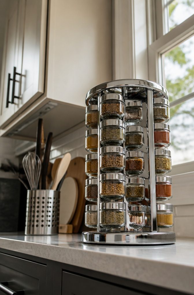 Chrome revolving spice rack with jars displayed for quick access.