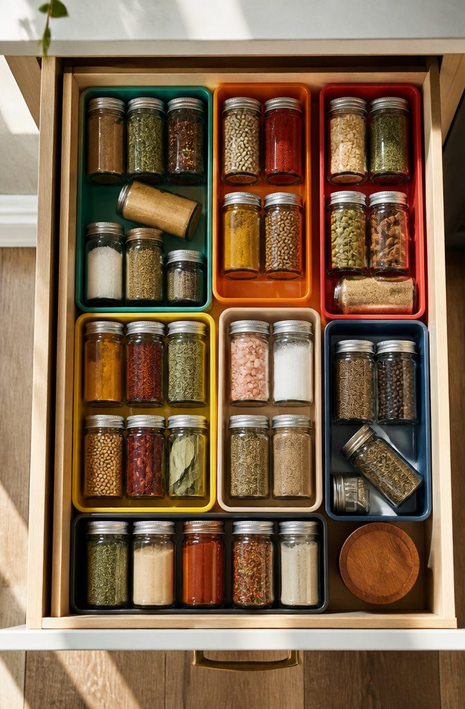 Drawer spice organizer insert with compartments for spice jars.