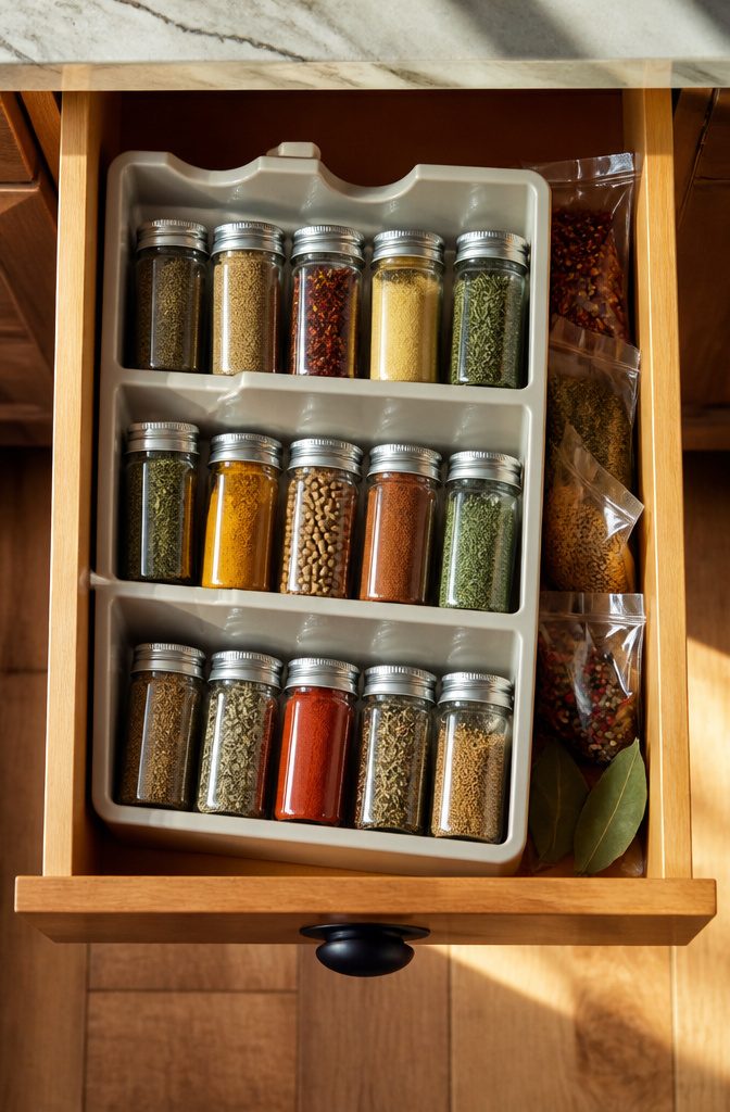 In-drawer spice organizer with jars arranged for easy access.