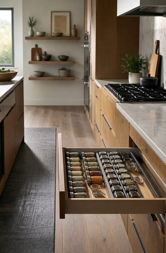 Expandable spice organizer demonstrating adjustable compartments.