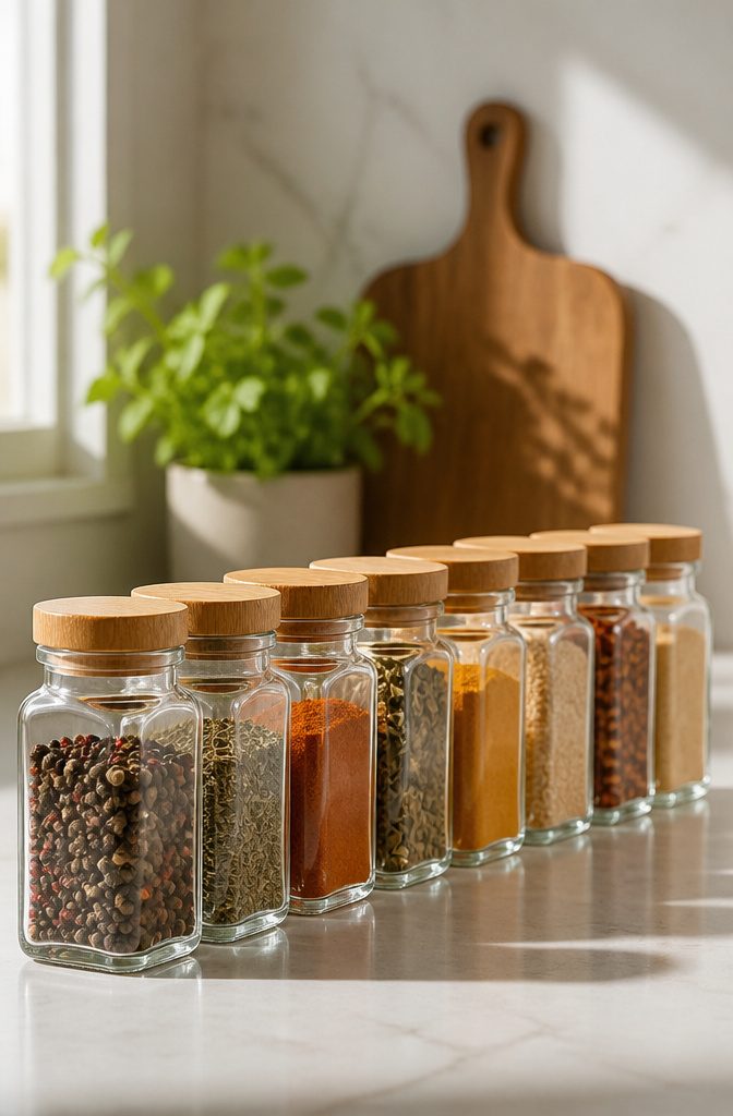 Set of glass spice jars with shaker tops arranged for visibility.